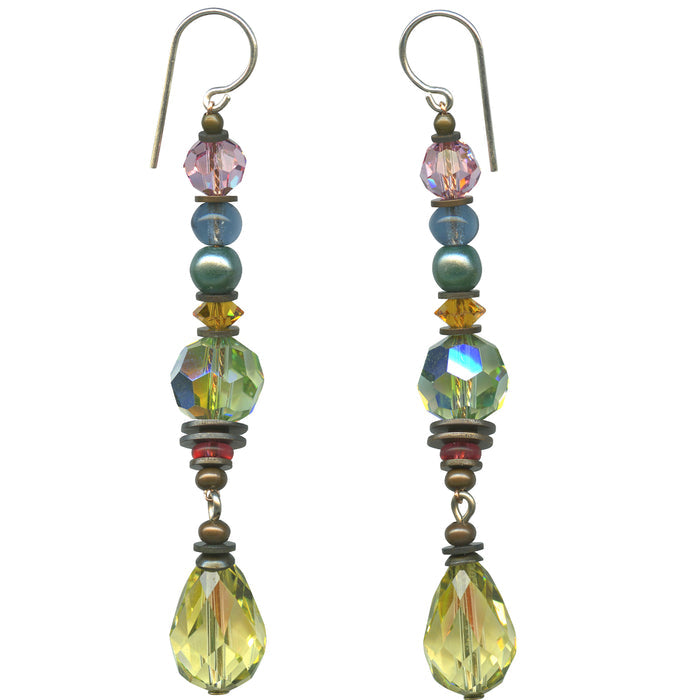 Pastel yellow Austrian crystal dangle earrings with peridot and rose accents from Owen Glass Collection, perfect for spring training outfits.