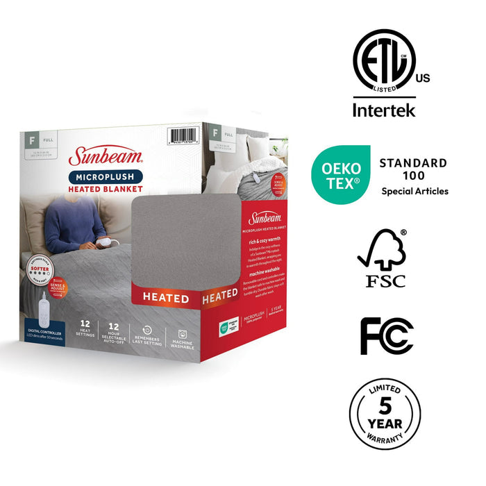 Sunbeam Electric Heated Bed Blanket Gray Soft Brushed Fleece 12 Heat Settings Full 84 x 72 - Brand New
