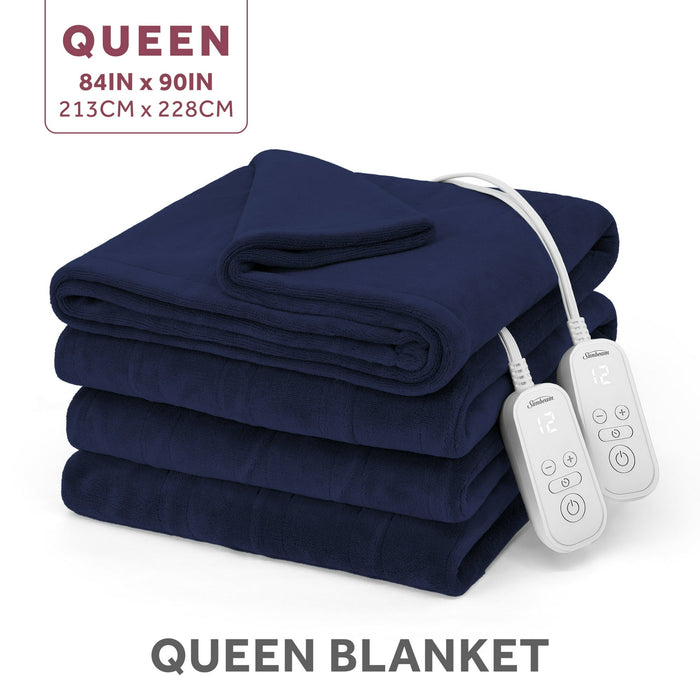 Sunbeam Electric Heated Bed Blanket Navy Soft Microplush 12 Heat Settings Queen 90 x 84 - Brand New