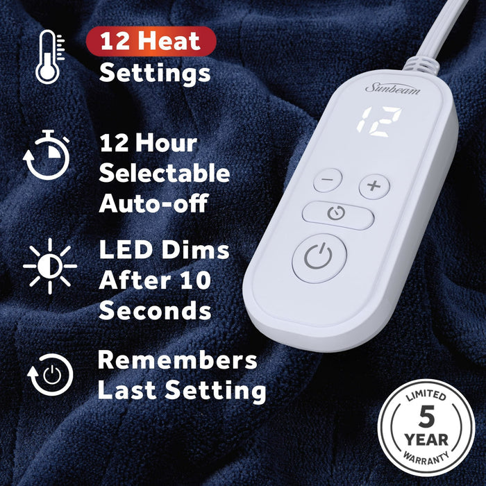 Sunbeam Electric Heated Bed Blanket Navy Soft Microplush 12 Heat Settings Queen 90 x 84 - Brand New