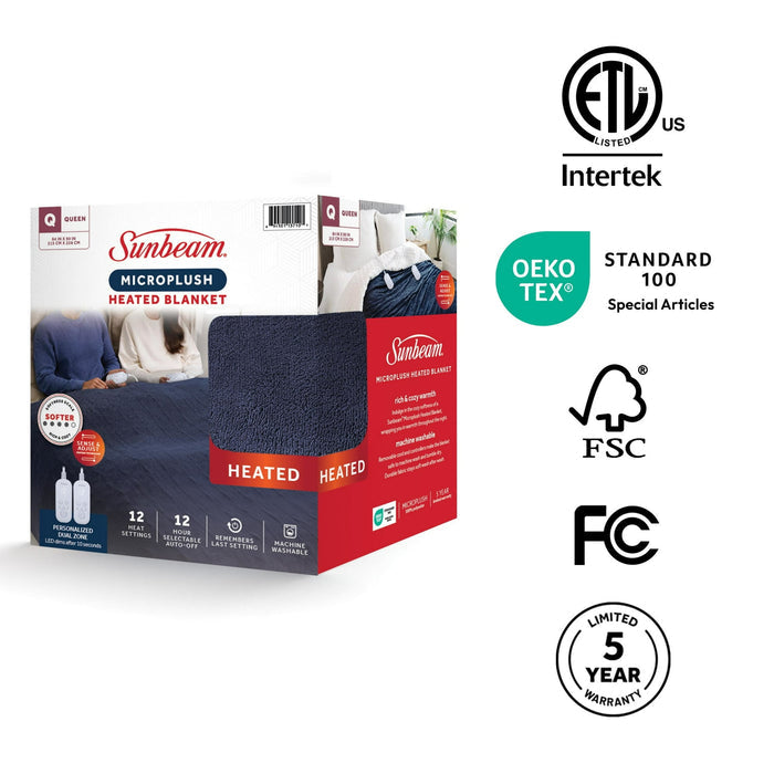 Sunbeam Electric Heated Bed Blanket Navy Soft Microplush 12 Heat Settings Queen 90 x 84 - Brand New