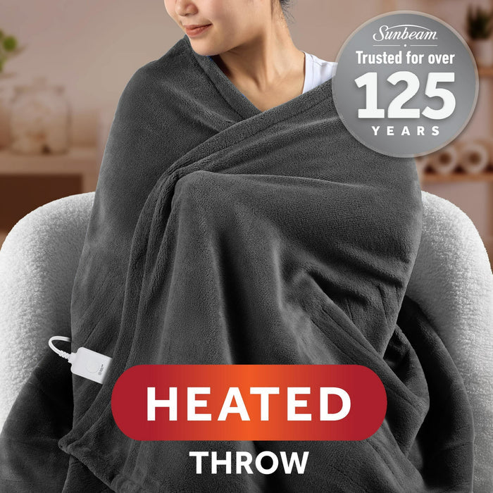 Sunbeam Electric Heated Throw Blanket Oversize Grey stone Microplush 4 Heat Settings - Brand New