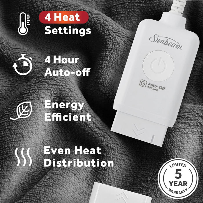 Sunbeam Electric Heated Throw Blanket Oversize Grey stone Microplush 4 Heat Settings - Brand New