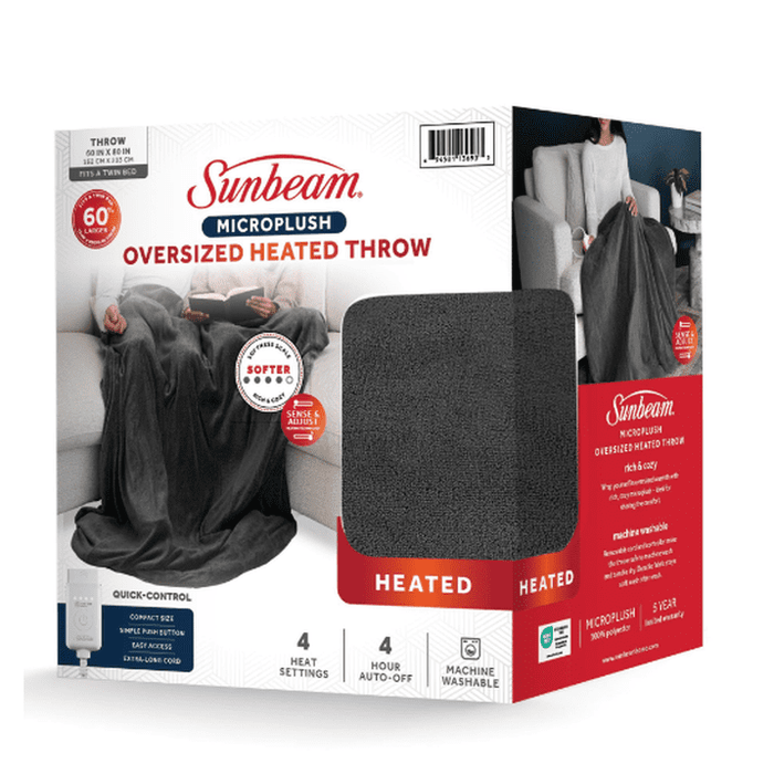 Sunbeam Electric Heated Throw Blanket Oversize Grey stone Microplush 4 Heat Settings - Brand New