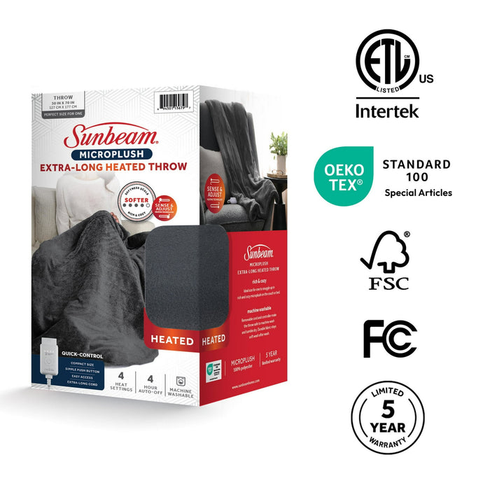 Sunbeam Electric Heated Throw Blanket Oversize Grey stone Microplush 4 Heat Settings - Brand New