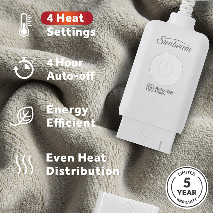 Sunbeam Electric Heated Throw Blanket Oversize Washed Stone Microplush 4 Heat Settings 50x 70 - Brand New