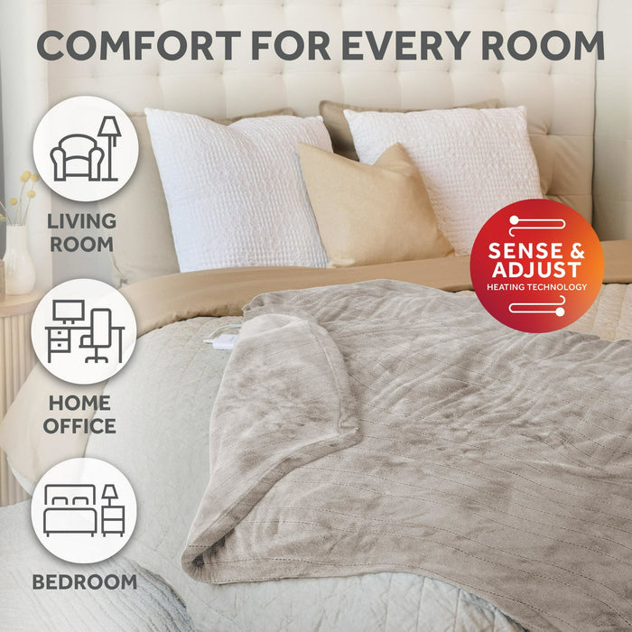 Sunbeam Electric Heated Throw Blanket Oversize Washed Stone Microplush 4 Heat Settings 50x 70 - Brand New