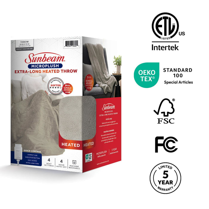 Sunbeam Electric Heated Throw Blanket Oversize Washed Stone Microplush 4 Heat Settings 50x 70 - Brand New