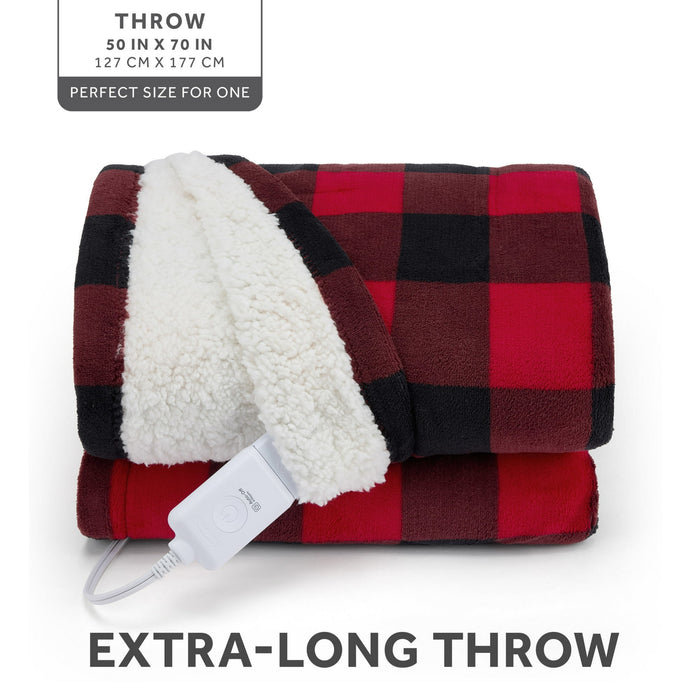 Sunbeam Electric Heated Throw Red/Black Plaid Microplush Faux Shearling 4 Heat 50x70 - Brand New