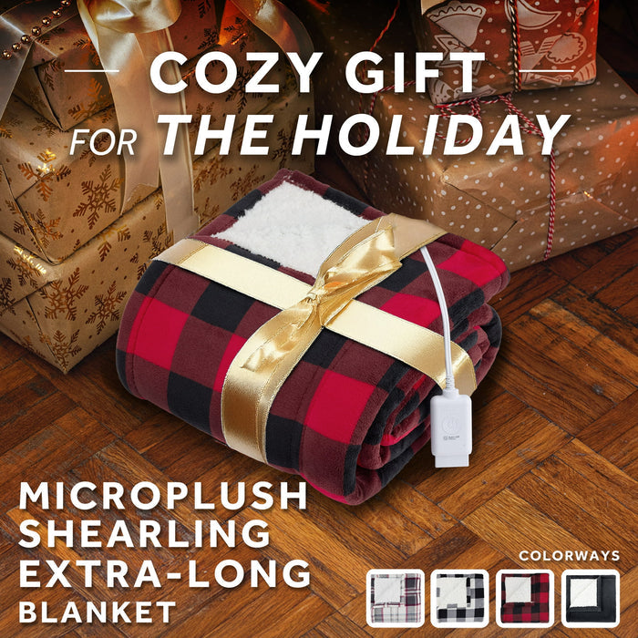 Sunbeam Electric Heated Throw Red/Black Plaid Microplush Faux Shearling 4 Heat 50x70 - Brand New