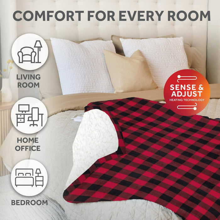 Sunbeam Electric Heated Throw Red/Black Plaid Microplush Faux Shearling 4 Heat 50x70 - Brand New