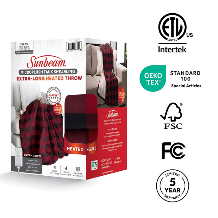 Sunbeam Electric Heated Throw Red/Black Plaid Microplush Faux Shearling 4 Heat 50x70 - Brand New