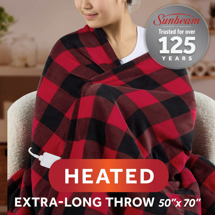 Sunbeam Electric Heated Throw Red/Black Plaid Microplush Faux Shearling 4 Heat 50x70 - Brand New