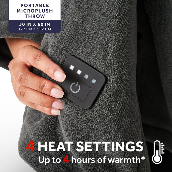 Sunbeam On-the-Go Cordless Heated Throw Blanket Microplush Gray 4 Heat Settings 50" x 60" - Brand New