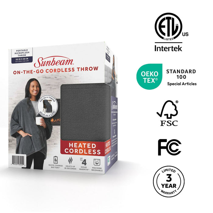 Sunbeam On-the-Go Cordless Heated Throw Blanket Microplush Gray 4 Heat Settings 50" x 60" - Brand New