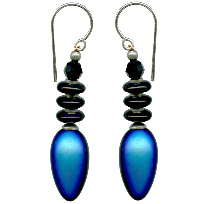 Iridescent frosted jet glass earrings from Owen Glass Collection, featuring sleek, modern design with a shiny, reflective finish.