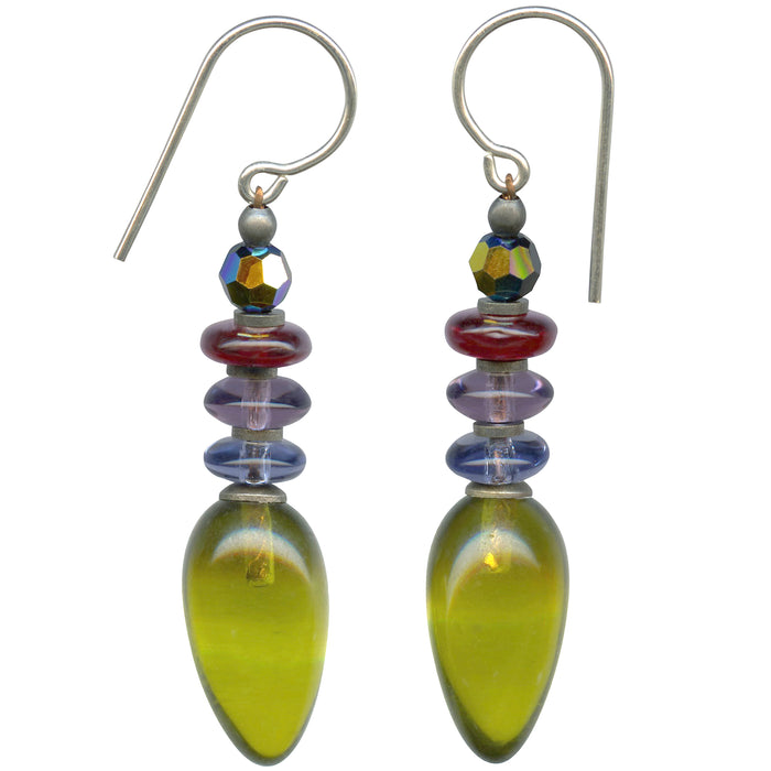 Owen Glass Collection TANGO 2 green glass dangle earrings featuring sleek, modern design with vibrant glass accents.
