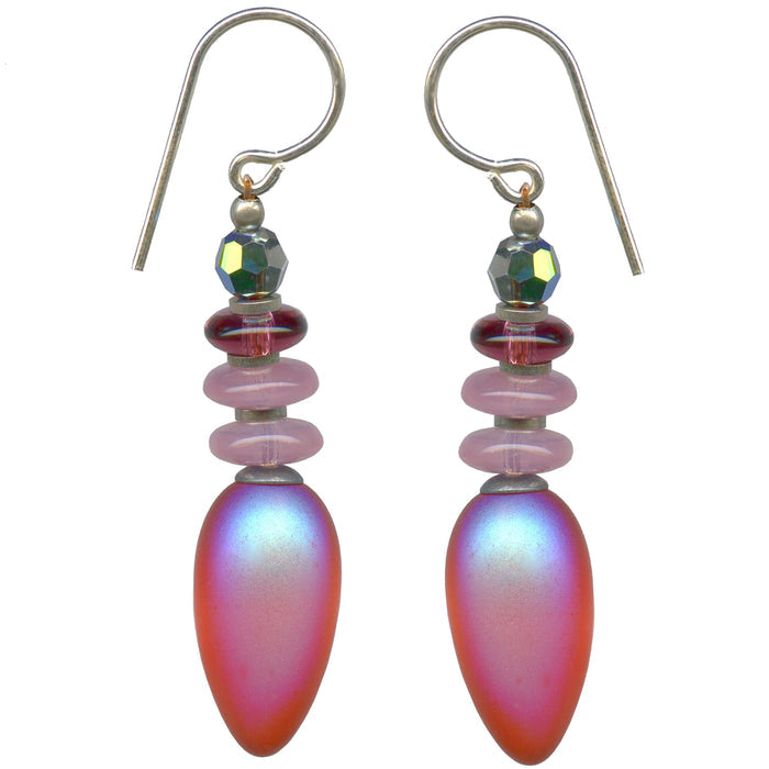 Frosted pink iridescent glass earrings from Owen Glass Collection, featuring a sleek, modern design with a shimmering finish.
