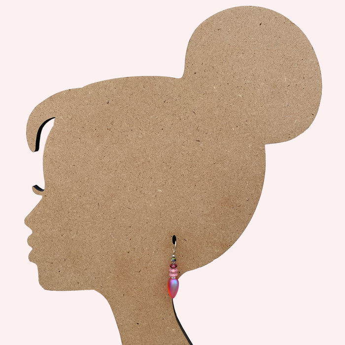 Frosted pink iridescent glass earrings from Owen Glass Collection, featuring a sleek 24-inch tango design.