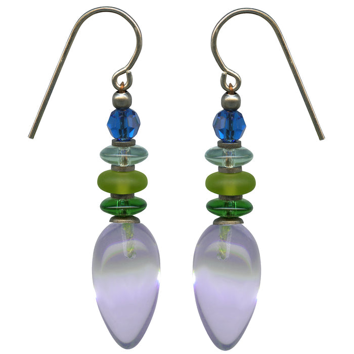Owen Glass Collection Tango 26 light amethyst glass earrings with elegant teardrop design on a white background.