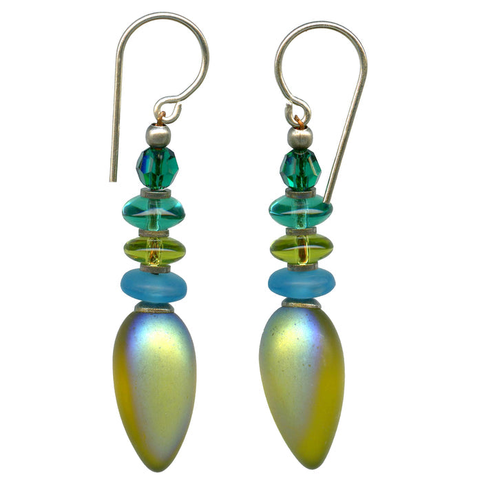 Frosted olive green iridescent earrings from Owen Glass Collection, featuring elegant, shimmering glass design.