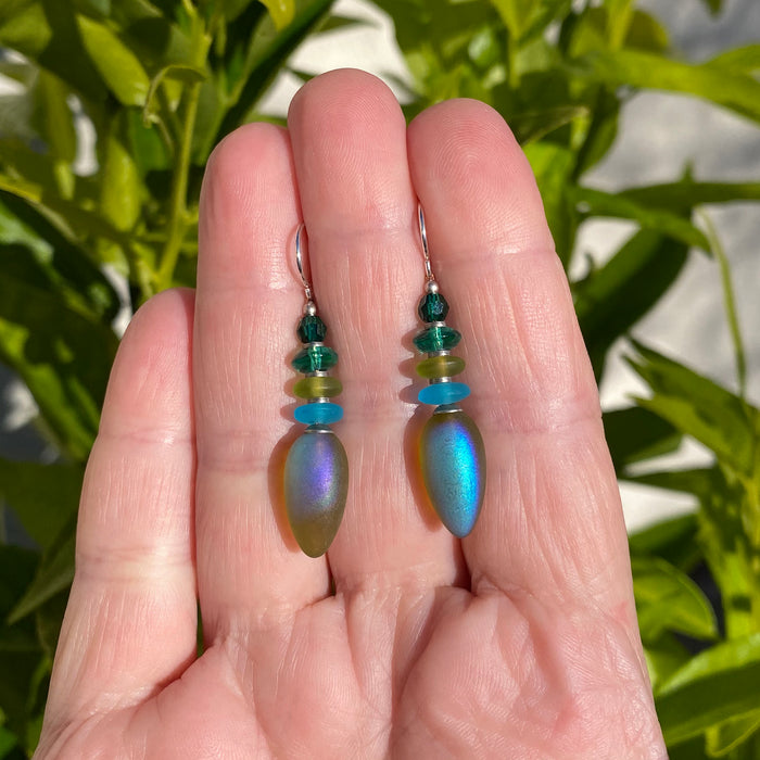 Frosted olive green iridescent earrings from Owen Glass Collection featuring elegant, shimmering glass design.
