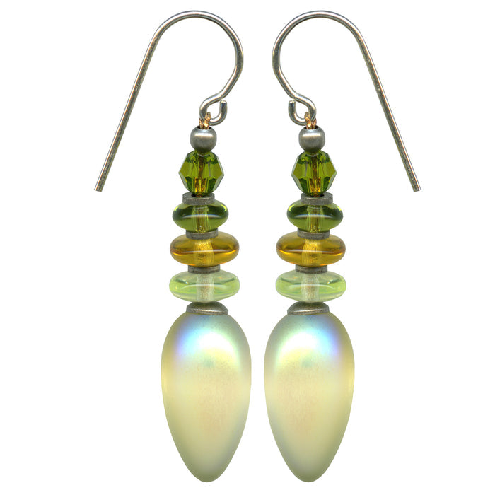 Frosted iridescent yellow glass earrings from Owen Glass Collection featuring Tango 43 design, elegant and handcrafted jewelry.
