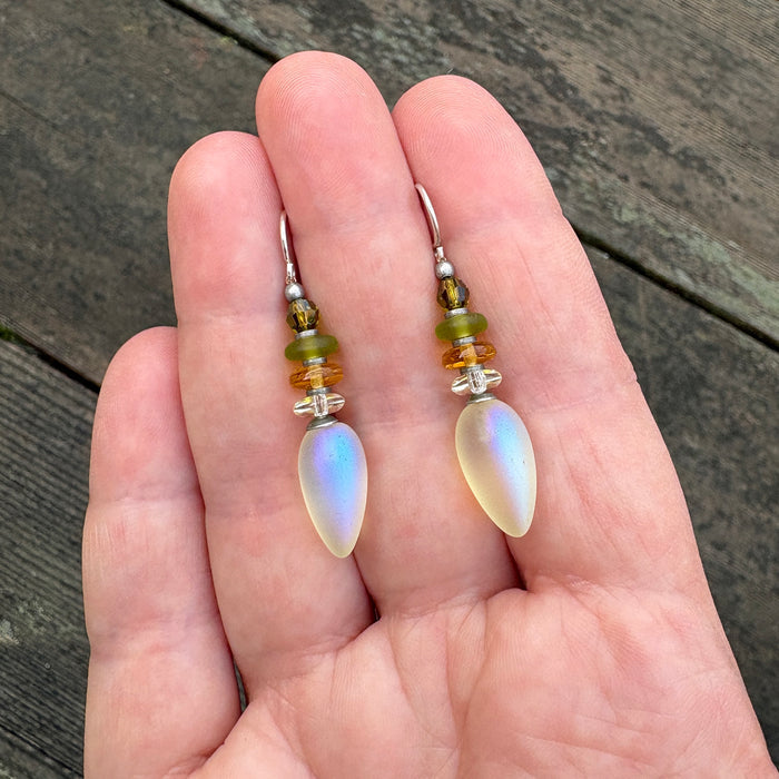 Frosted iridescent yellow glass earrings from Owen Glass Collection, featuring a Tango 43 design with a modern, elegant look.