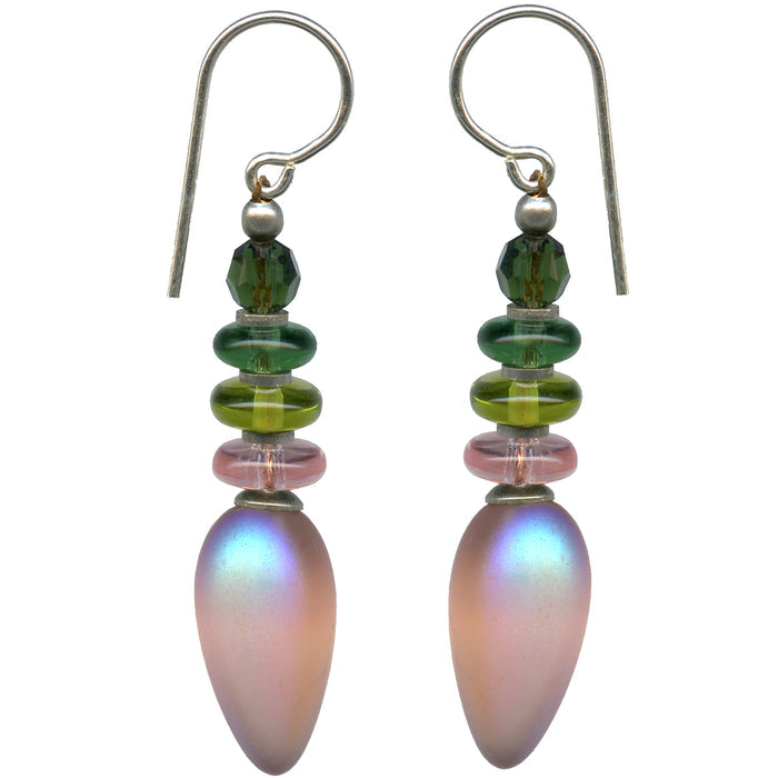 Frosted pink iridescent earrings from Owen Glass Collection featuring the TANGO 47 design with a shimmering, colorful finish.