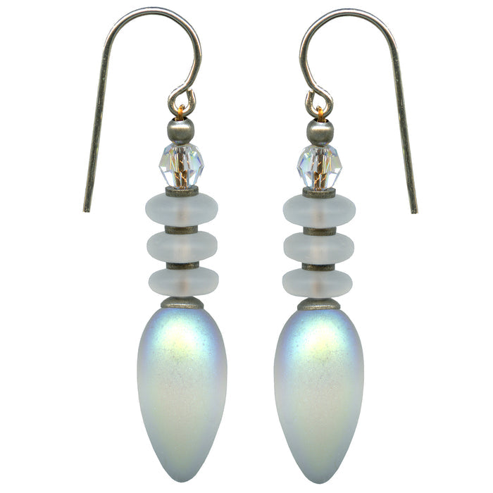 Frosted iridescent white earrings from Owen Glass Collection, featuring tango 54 design with a delicate, elegant appearance.