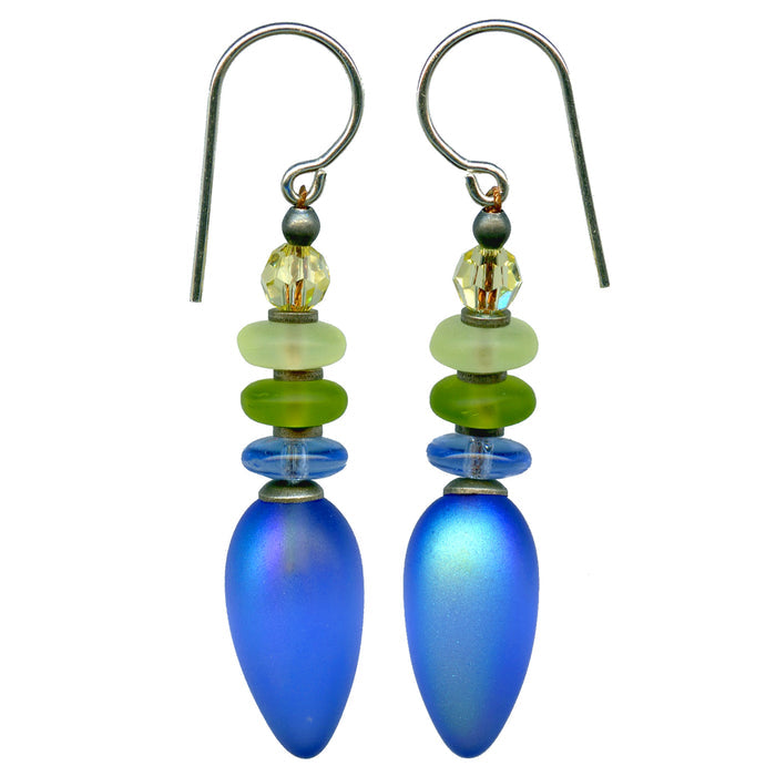 Frosted blue iridescent dangle earrings from Owen Glass Collection, featuring a sleek, elegant design with shimmering finish.