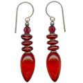 Owen Glass Collection Tango 6 red glass dangle earrings with sleek, curved design, hanging from silver hooks.