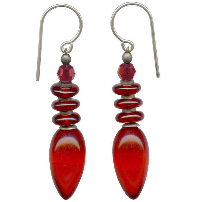 Owen Glass Collection Tango 6 red glass dangle earrings with sleek, curved design, hanging from silver hooks.