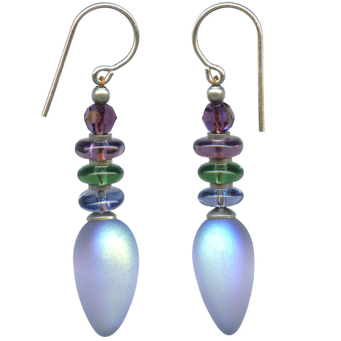 Owen Glass Collection Tango 63 frosted light amethyst iridescent earrings with a shimmering, textured glass surface.