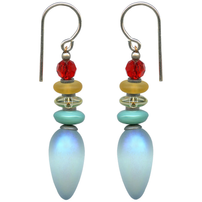 Frosted iridescent aqua earrings from Owen Glass Collection, featuring the Tango 64 design with shimmering glass finish.