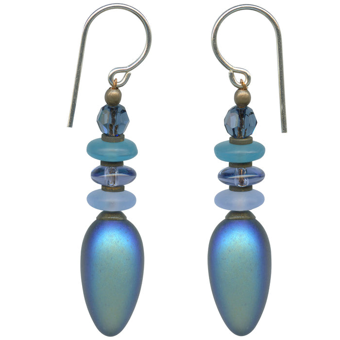 Iridescent blue dangle earrings from Owen Glass Collection, featuring bold, reflective glass design with elegant hanging style.