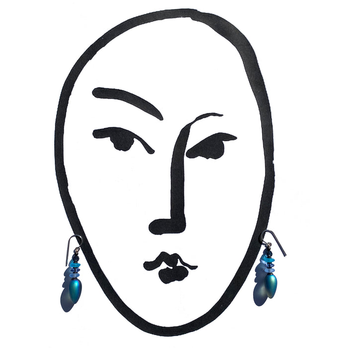 Iridescent blue dangle earrings from Owen Glass Collection, featuring elegant, reflective glass design with a modern style.