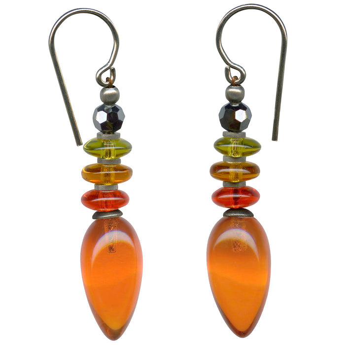 Owen Glass Collection Tango 8 orange glass dangle earrings with sleek, curved design and shiny glass finish.