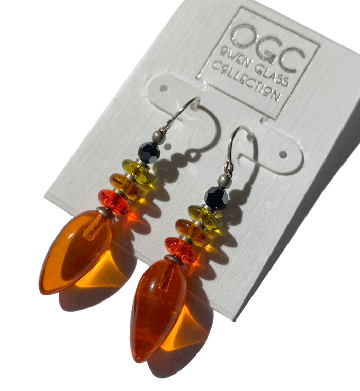 Orange glass dangle earrings from Owen Glass Collection, featuring the Tango 8 design with sleek, vibrant glass teardrop shapes.