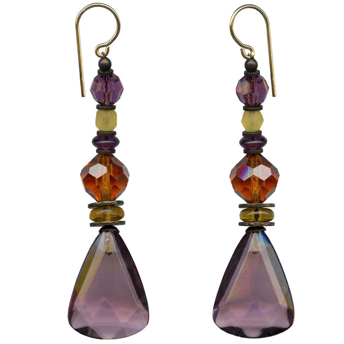 Owen Glass Collection TASHKENT light amethyst dangle earrings with glass and crystal accents, hanging gracefully.