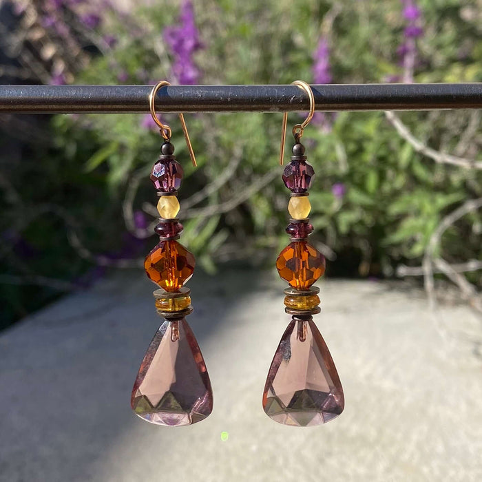 Owen Glass Collection Tashkent light amethyst dangle earrings with glass and crystal details, elegant jewelry for special occasions
