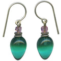 Teal and amethyst Czech glass dangle earrings from Owen Glass Collection with intricate plum-shaped design.