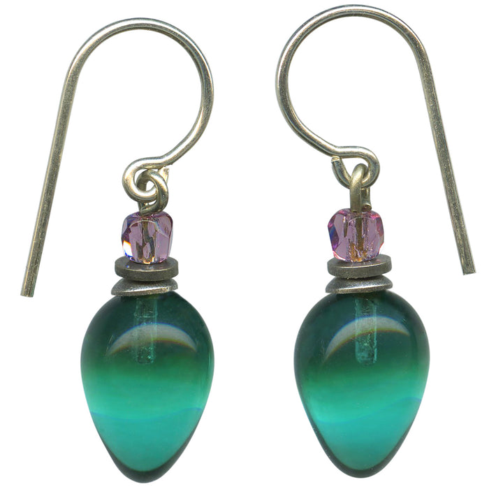Teal and amethyst Czech glass dangle earrings from Owen Glass Collection with intricate plum-shaped design.