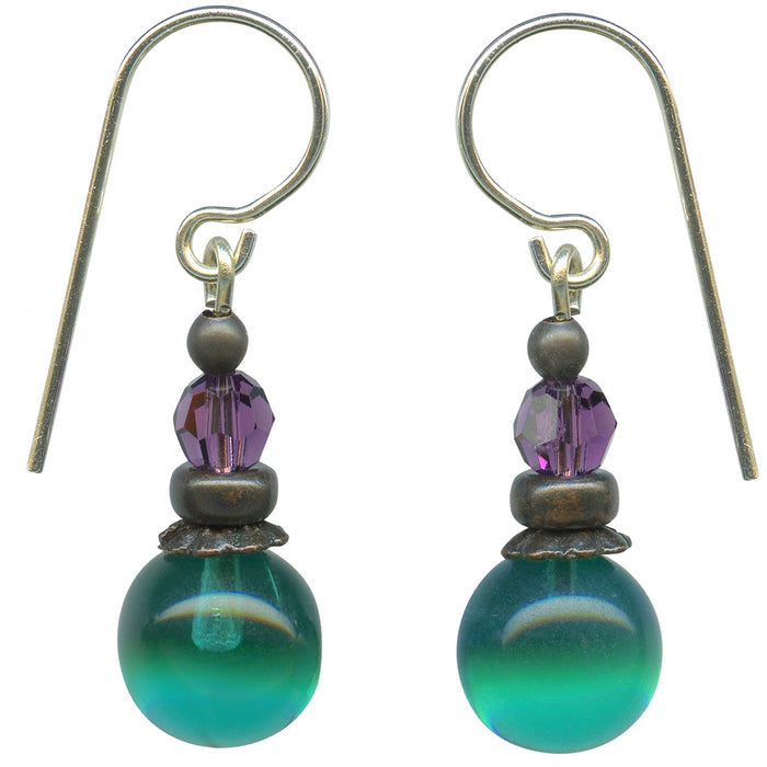 Teal and amethyst glass and Austrian crystal earrings from Owen Glass Collection, featuring a bubble design and elegant craftsmanship.
