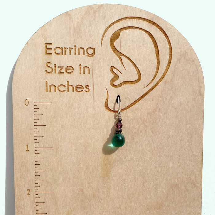Teal and amethyst glass and Austrian crystal earrings from Owen Glass Collection, featuring bubble-inspired design.