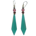 Teal Czech glass prism earrings with garnet and rose accents from Owen Glass Collection, featuring intricate glasswork and elegant design.
