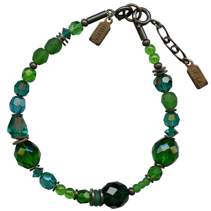 Teal and emerald crystal and Czech glass beaded bracelet from Owen Glass Collection, featuring intricate beadwork and vibrant colors.