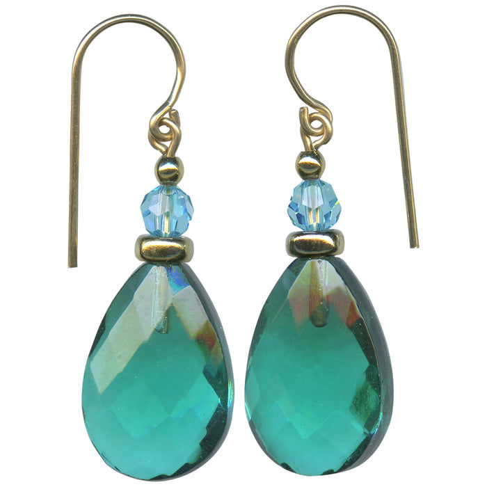 A pair of teardrop-shaped drop earrings with faceted turquoise-green beads, small light blue beads, and antique gold-tone hooks on a plain white background.