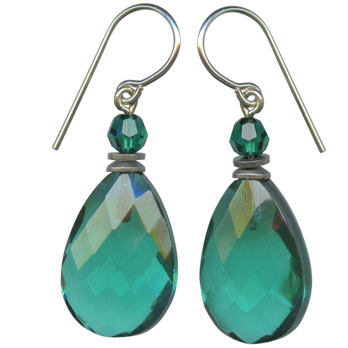 Teal glass dangle earrings from Owen Glass Collection, featuring elegant high street design and handcrafted glass detailing.