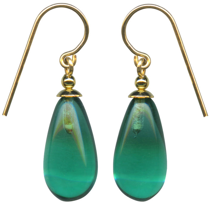 Teal German glass and gold drop earrings from Owen Glass Collection Brights 5, featuring elegant glass and gold accents.